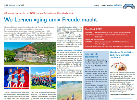 Zeitungsbericht 100 Jahre Schulhaus Kanderbrück